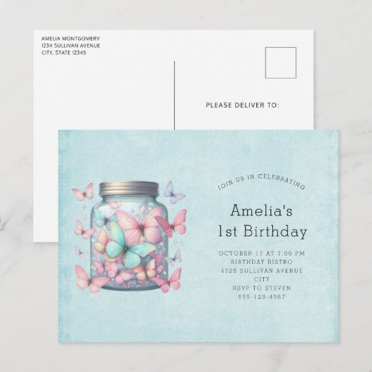 Invitation Carte Postale Papillons Fantaisistes dans un Pot d'Anniversaire (Devant / Derrière)