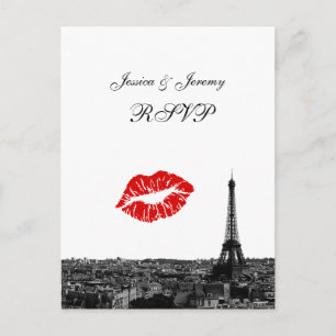 Invitation Carte Postale Paris France Skyline Kiss #1 BW RSVP 1
