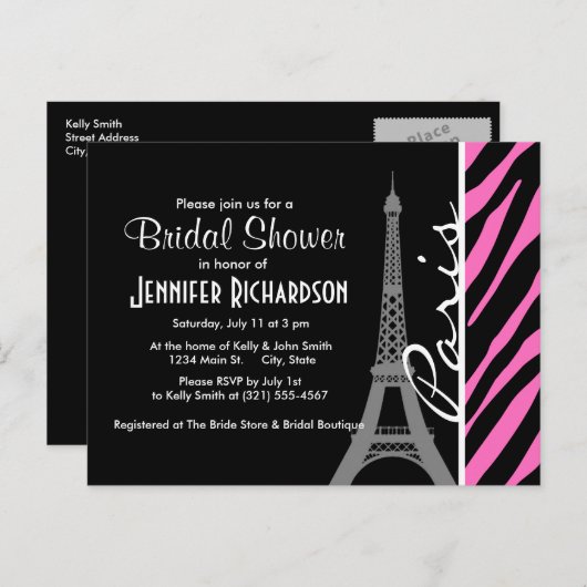 Invitation Carte Postale Paris ; Impression Zèbre rose et noir (Devant / Derrière)
