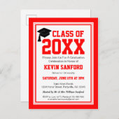 Invitation Carte Postale Parti de la graduation rouge et blanche (Devant / Derrière)