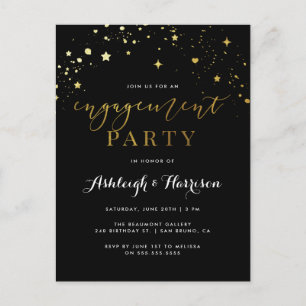 Invitation Carte Postale Parti d'engagement Confetti Black & Gold