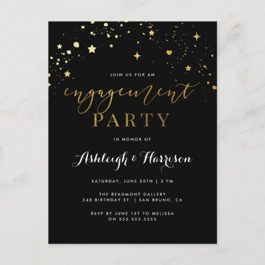 Invitation Carte Postale Partie d'engagement Confetti Noir & Or (Devant)