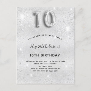 Invitation Carte Postale parties scintillant argent 10e anniversaire