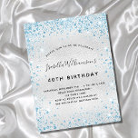 Invitation Carte Postale Parties scintillant bleu argenté scintillante glam<br><div class="desc">Pour un 40ème anniversaire élégant (ou tout âge). Un arrière - plan métallique à l'aspect faux argenté. Décoré avec de la poussière de parties scintillant en faux bleu. Personnalisez et ajoutez un nom, un âge et des détails de la fête. Le nom est écrit avec un script de style écrit...</div>
