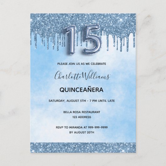 Invitation Carte Postale Parties scintillant bleue quinceanera élégant luxe (Devant)