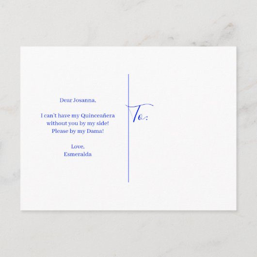 Invitation Carte Postale Parties scintillant bleue royale Quinceañera Dama (Dos)