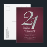 Invitation Carte Postale Parties scintillant d'argent 21e fête d'anniversai<br><div class="desc">Carte postale Parties scintillant Argent 21st Birthday Party Burgundy Invitation Vous pouvez facilement customiser avec les détails de votre fête en cliquant sur le bouton "Personnaliser". La parties scintillant "21" et l'arrière - plan est définie tandis que vous pouvez facilement modifier les polices, le texte et la disposition en cliquant...</div>