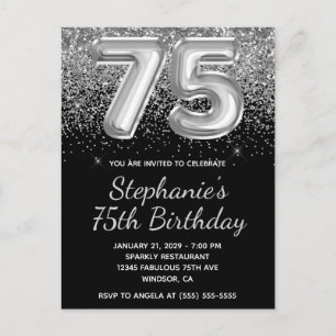 Invitation Carte Postale Parties scintillant d'argent mousseux Black Balloo