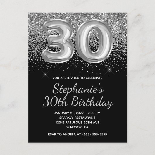 Invitation Carte Postale Parties scintillant d'argent mousseux Black Balloo (Devant)