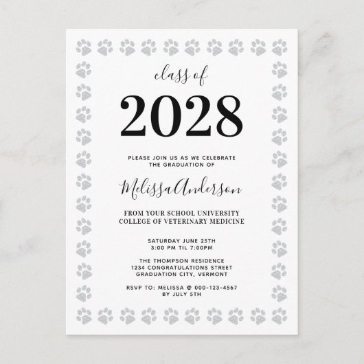 Invitation Carte Postale Parties scintillant d'argent noir blanc Empreintes (Devant)