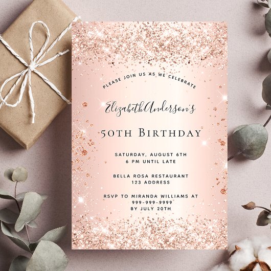 Invitation Carte Postale Parties scintillant de fête d'anniversaire rose or