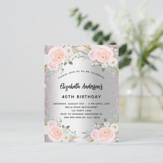 Invitation Carte Postale Parties scintillant des fleurs roses argentées (Debout devant)