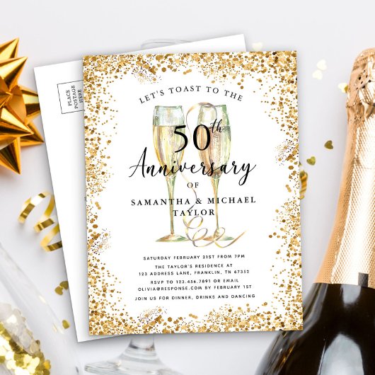 Invitation Carte Postale Parties scintillant d'or 50e anniversaire Mariage
