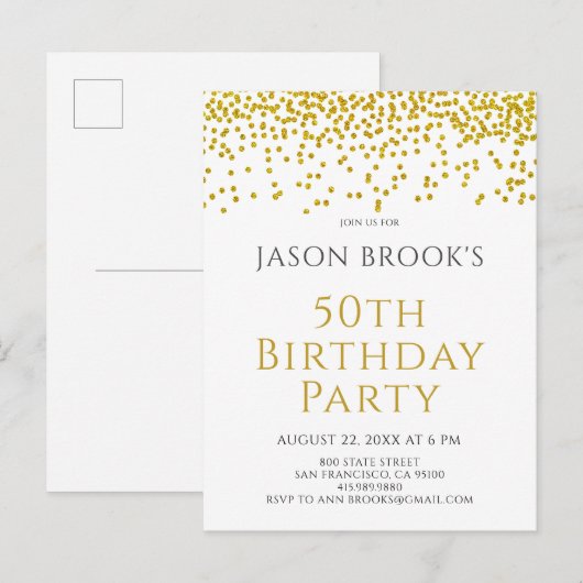 Invitation Carte Postale Parties scintillant d'or Confetti Blanc 50e annive (Devant / Derrière)