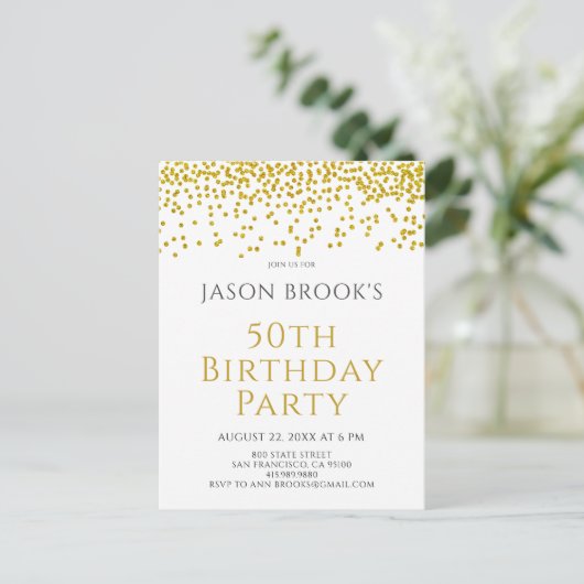 Invitation Carte Postale Parties scintillant d'or Confetti Blanc 50e annive (Debout devant)