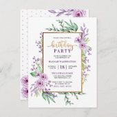 Invitation Carte Postale Parties scintillant d'or Script violet Floral fête (Devant / Derrière)