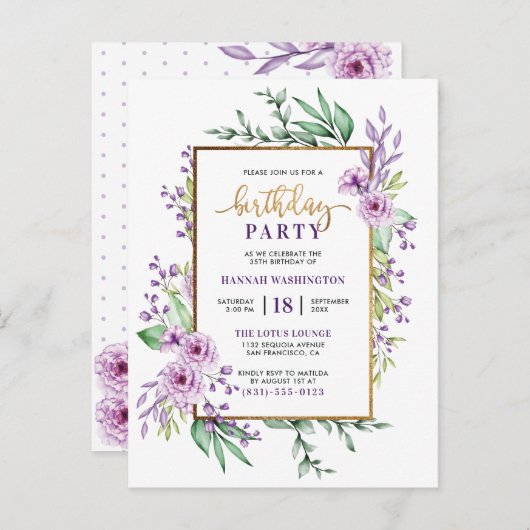 Invitation Carte Postale Parties scintillant d'or Script violet Floral fête (Devant / Derrière)