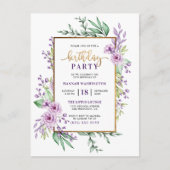 Invitation Carte Postale Parties scintillant d'or Script violet Floral fête (Devant)