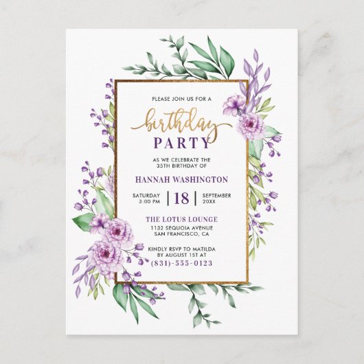 Invitation Carte Postale Parties scintillant d'or Script violet Floral fête (Devant)