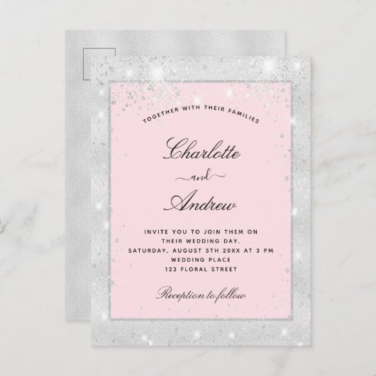 Invitation Carte Postale parties scintillant en argent mariage (Devant / Derrière)