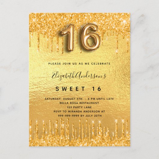 Invitation Carte Postale Parties scintillant en or 16 parties sucrée goutte (Devant)