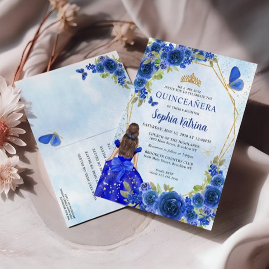 Invitation Carte Postale Parties scintillant en or bleu marine Floral Princ
