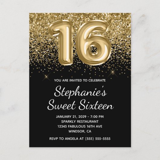 Invitation Carte Postale Parties scintillant en or brillant Sweet sixteen e (Devant)