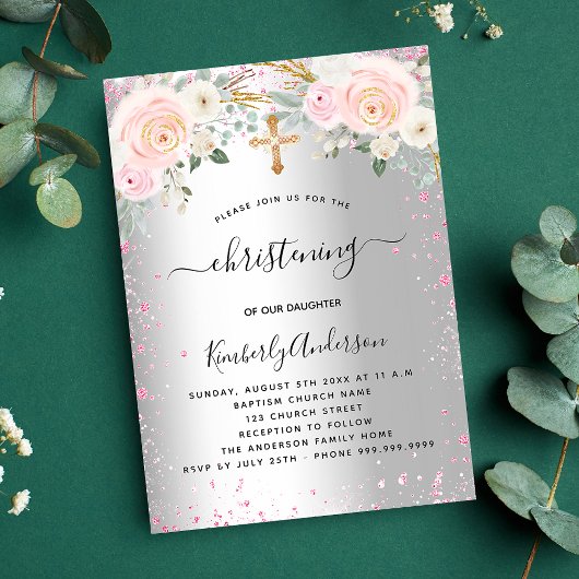 Invitation Carte Postale Parties scintillant fille Christening argent rose 