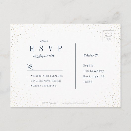 Invitation Carte Postale Parties scintillant Marine & Or Mariage simple RSV (Dos)