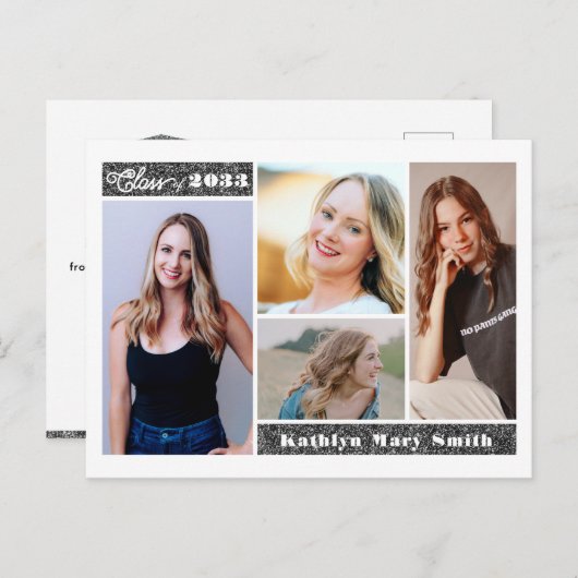 Invitation Carte Postale Parties scintillant moderne Argent Script Chic Pho (Devant / Derrière)