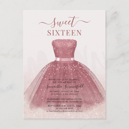Invitation Carte Postale Parties scintillant moderne Script Sweet 16 Annive (Devant)