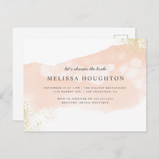 Invitation Carte Postale Parties scintillant or chic Fête des mariées rose  (Devant / Derrière)