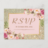 Invitation Carte Postale Parties scintillant or classique rose florale répo (Devant)