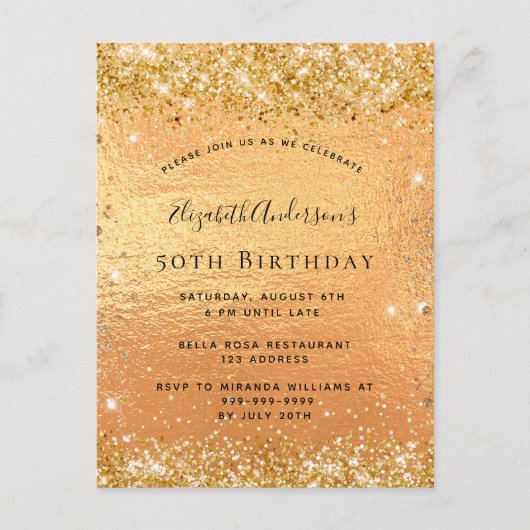 Invitation Carte Postale Parties scintillant or d'anniversaire glamour (Devant)