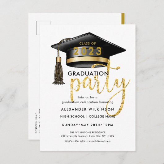 Invitation Carte Postale Parties scintillant Or moderne Script Simple GRAD (Devant / Derrière)