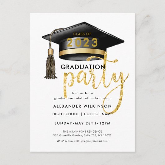 Invitation Carte Postale Parties scintillant Or moderne Script Simple GRAD (Devant)