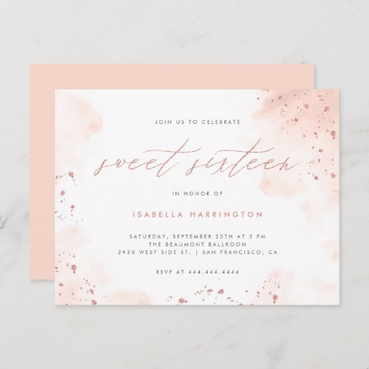 Invitation Carte Postale Parties scintillant or Rose moderne Blush Pink Omb (Devant / Derrière)