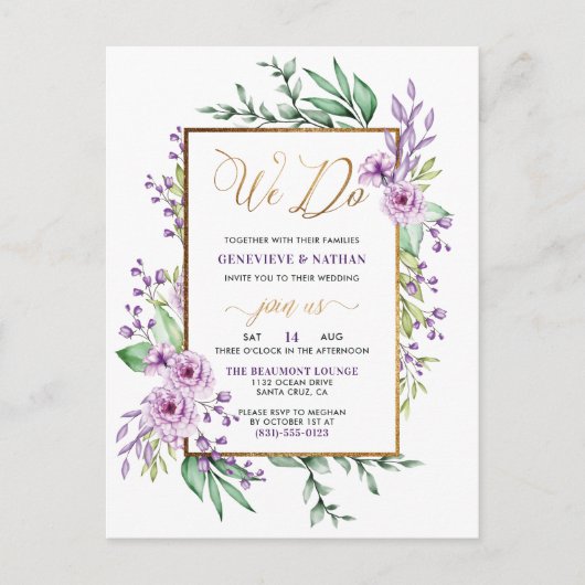 Invitation Carte Postale Parties scintillant or "We Do" Pastel Purple Flora (Devant)