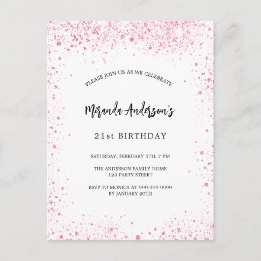 Invitation Carte Postale Parties scintillant rose blanc d'anniversaire scin (Devant)