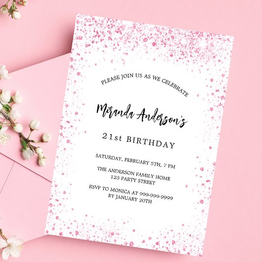 Invitation Carte Postale Parties scintillant rose blanc d'anniversaire scin
