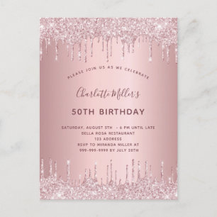 Invitation Carte Postale Parties scintillant rose d'anniversaire gouttes po