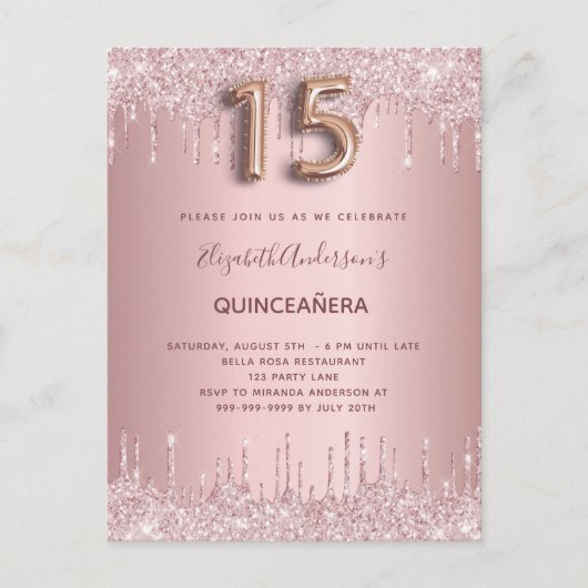 Invitation Carte Postale Parties scintillant rose vif Quinceanera gouttes (Devant)