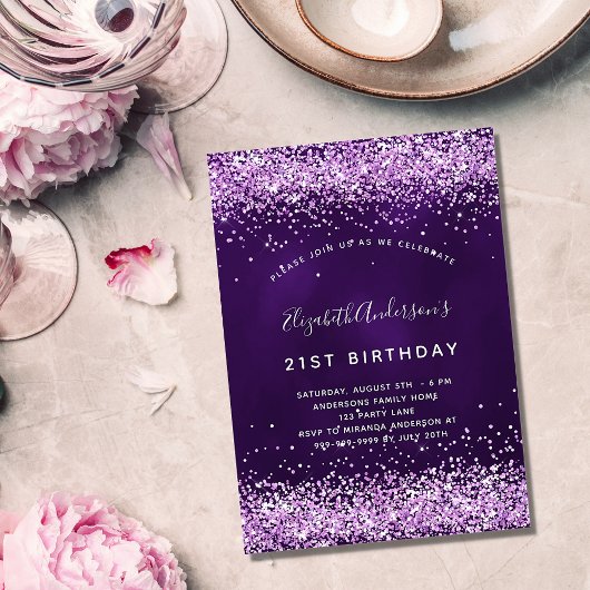 Invitation Carte Postale Parties scintillant rose violet d'anniversaire gla
