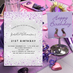 Invitation Carte Postale Parties scintillant violet argenté d'anniversaire<br><div class="desc">Pour un 21ème anniversaire élégant (ou tout âge). Un arrière - plan métallique à l'aspect faux argenté. Décoré avec de la poussière de parties scintillant en faux violet. Personnalisez et ajoutez un nom, un âge et des détails de la fête. Le nom est écrit avec un script de style écrit...</div>