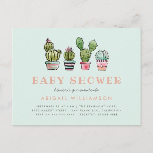 Invitation Carte Postale Pastel Aquarelle Succulent Baby shower Cactus (Devant)