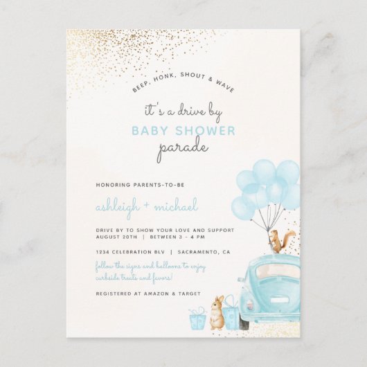 Invitation Carte Postale Pastel Blue Balloons Voiture En Boy Baby shower (Devant)