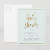 Invitation Carte Postale Pastel Blue & Gold Typographie Baby shower garçon (Devant / Derrière)