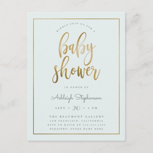 Invitation Carte Postale Pastel Blue & Gold Typographie Baby shower garçon (Devant)