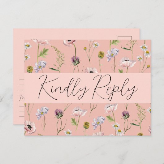 Invitation Carte Postale Pastel Pink Fleur Boho Jardin Mariage RSVP (Devant / Derrière)