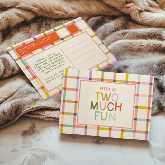 Invitation Carte Postale Pastel Plaid "Two Many Fun" 2e anniversaire